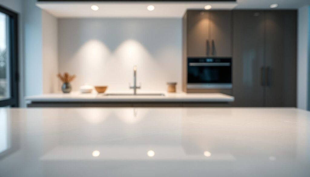 A highly polished, visually striking glass surface in the foreground, capturing the essence of a premium kitchen backsplash. The glass features a uniform, satin-like sheen, with subtle highlights and reflections dancing across its surface. In the middle ground, a minimalist, modern kitchen setting, showcasing the versatility of this glass design. Lighting from various angles creates depth and dimension, accentuating the glass's seamless, uniform appearance. In the background, a soft, blurred backdrop, allowing the glass to take center stage and command attention. The overall atmosphere radiates a sense of sophistication, elegance, and high-end craftsmanship.