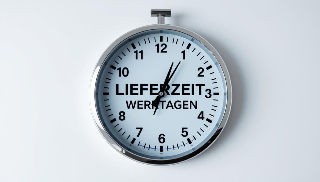 A large clock face prominently displayed in the center, with the text "LIEFERZEIT WERKTAGEN" clearly visible. The clock face is set against a crisp, modern background, perhaps with a minimal geometric design or a simple gradient. The lighting is clean and evenly distributed, creating a sense of clarity and precision. The composition emphasizes the delivery time information, placing it in a prominent and easy-to-read position. The overall mood is professional, informative, and visually appealing, conveying the importance of this detail for the product or service being offered.