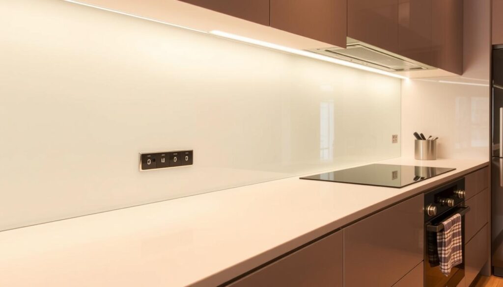 A large, custom-made glass backsplash dominates the modern kitchen, stretching up to 4,000 mm wide. The glass surface reflects the warm, indirect lighting, creating a sleek and seamless aesthetic. The edges are meticulously crafted, with precise cutouts accommodating power outlets and other fixtures. The glass is tempered for durability and features a subtle, semi-opaque finish that diffuses the light, adding depth and visual interest. The overall effect is one of clean, minimalist sophistication, perfectly complementing the high-end appliances and sleek cabinetry of this bespoke kitchen design.