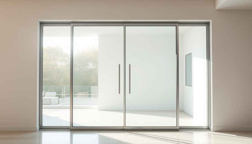 A large, elegant glass sliding door stands in a bright, modern interior. The door is made of thick, tempered glass panels that slide effortlessly on a smooth, concealed track system. Sunlight streams through the glass, creating a warm, inviting atmosphere and a sense of openness and spaciousness. The door's clean, minimalist design blends seamlessly with the room's decor, adding a touch of sophistication. The door's hardware, such as the handle and rollers, is sleek and discreet, further enhancing the overall visual appeal. The scene evokes a feeling of luxurious, high-end living, where form and function harmoniously coexist.