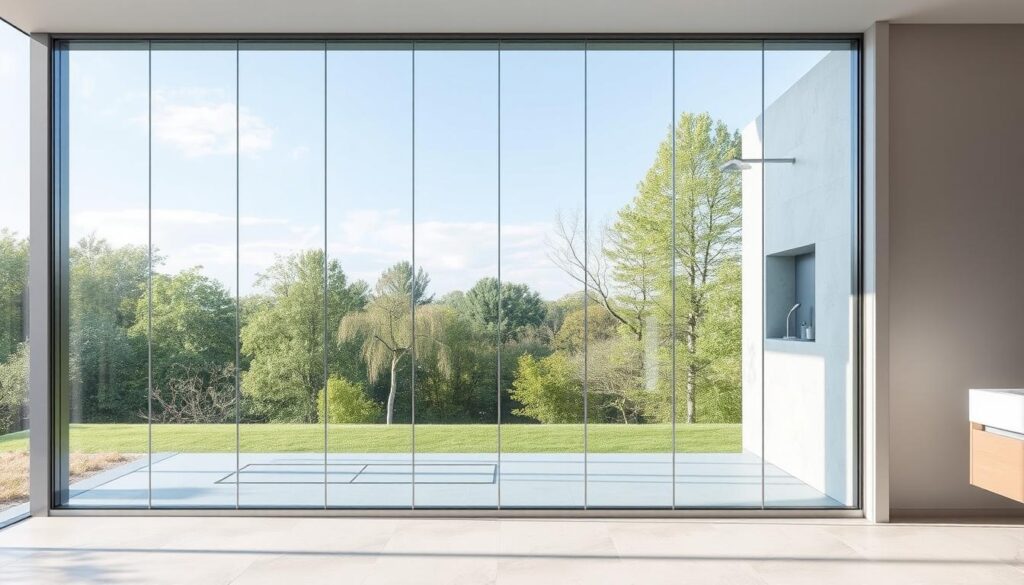 A large, expansive glass wall, its transparent panes stretching from floor to ceiling, bathed in soft, natural light. The glass, perfectly clear and seamless, creates an illusion of open space, blurring the boundaries between indoor and outdoor. The wall's frame, sleek and minimalist, in a neutral tone that complements the glass. The overall effect is one of understated elegance, allowing the glass to take center stage and showcase the beauty of the surrounding environment. This walk-in shower enclosure, a testament to meticulous craftsmanship and design, perfectly encapsulates the essence of a modern, luxurious bathroom experience.
