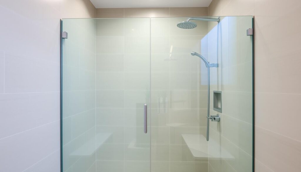 A large, seamless glass shower panel dominates the scene, its sleek, transparent surface reflecting the light and creating an airy, open feel. The panel is frameless, with clean lines and minimal hardware, allowing the natural beauty of the glass to shine. The shower enclosure is positioned in the corner of a small bathroom, maximizing the available space and creating the illusion of a larger room. The walls are tiled in a neutral, minimalist palette, complementing the glass and creating a harmonious, spa-like atmosphere. Soft, diffused lighting from above and subtle accent lighting along the edges of the panel add depth and dimension, while a single, potted plant adds a touch of natural greenery to the scene.