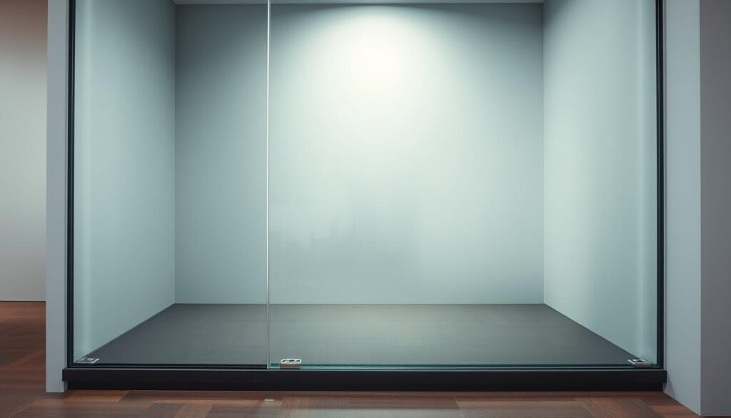A large sheet of high-quality safety glass, its smooth surface reflecting the soft, even lighting of a modern showroom. The glass appears robust yet elegant, with a slight tint that adds a touch of sophistication. The edges are meticulously polished, enhancing the overall clarity and visual appeal. The glass is strategically positioned to showcase its strength and durability, inviting the viewer to imagine its potential application in a stylish, functional duschtür (shower door). The composition emphasizes the technical prowess and innovative design that make this safety glass an ideal choice for the discerning homeowner.