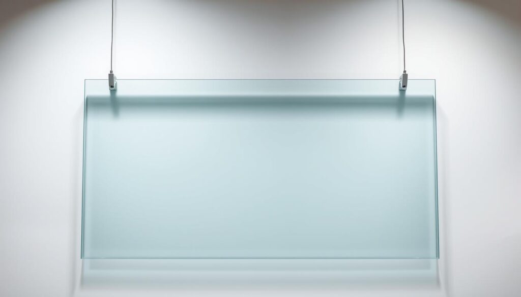 A large, sturdy sheet of glass with a smooth, transparent surface, suspended in a sleek, minimalist frame against a clean, bright backdrop. The glass appears to be tempered, exhibiting a subtle, almost invisible texture that catches the light, creating a sense of depth and solidity. The overall composition emphasizes the material's resilience, clarity, and seamless integration into an elegant, modern design. Soft, diffused lighting from multiple angles accentuates the glass's reflective properties, highlighting its strength and versatility as a building material. The scene conveys a sense of refined simplicity, showcasing the glass's suitability for high-end, custom-tailored solutions.