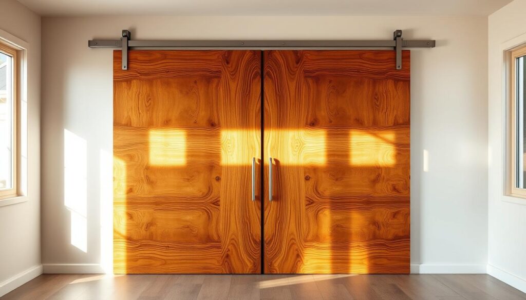 A large wooden sliding door in a bright, airy room. The door's surface features a stunning wood grain pattern, with natural variations and knots that add character. Sunlight streams through nearby windows, casting warm, soft lighting on the door's surface. The door is mounted on sleek, minimalist metal tracks that glide smoothly as it opens and closes. The room around the door is painted in a neutral, calming color palette, allowing the wood's natural beauty to take center stage. The door's design blends seamlessly with the overall decor, creating a harmonious and inviting atmosphere.