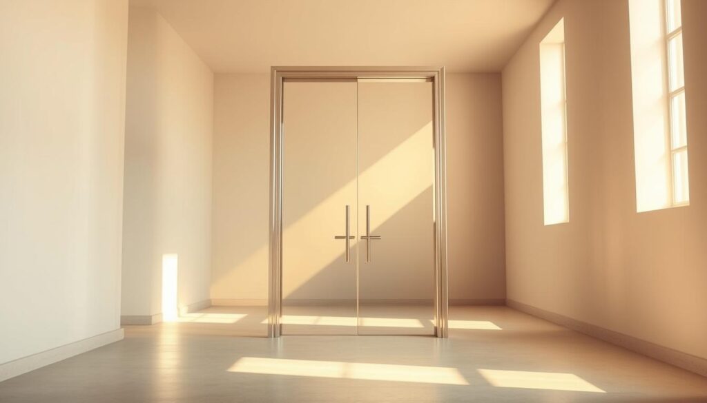 A luminous, glass-paneled door stands in a sunlit, minimalist room. The door's clean lines and reflective surface create an ethereal, gallery-like atmosphere. Soft, diffused lighting from large windows casts a warm, golden glow, highlighting the door's elegant frame and the subtle textures of the surrounding walls. The door's glass panes offer a glimpse into the next room, blending the spaces and inviting exploration. Subtle shadows and highlights accentuate the door's depth and materiality, while the overall composition conveys a sense of refined, architectural elegance.