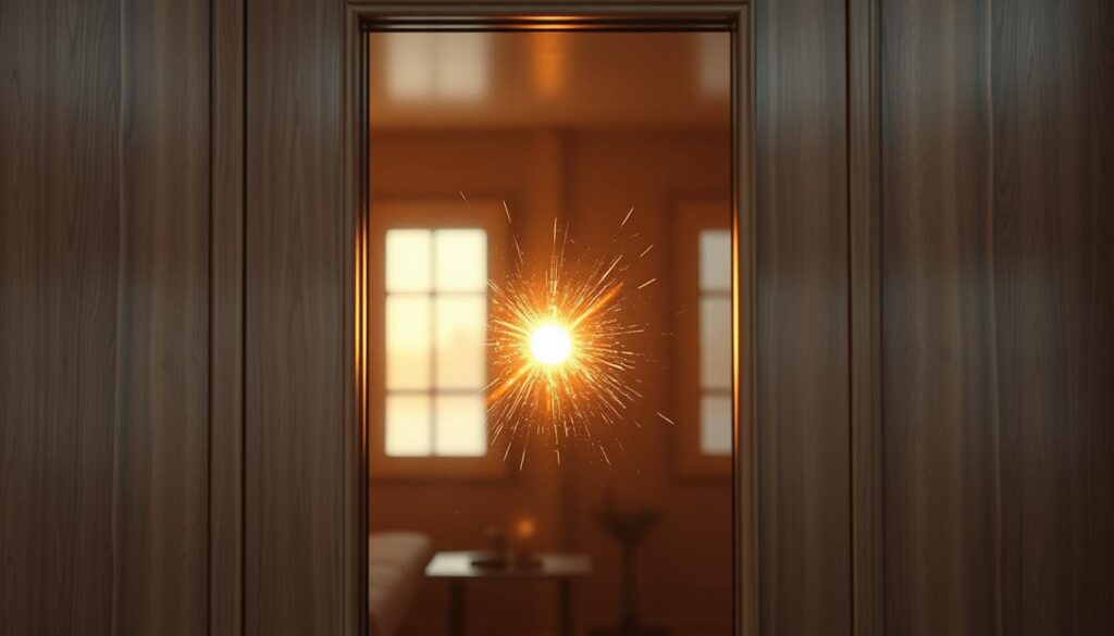 A luminous window inset, radiating a warm, inviting glow amidst a sleek, minimalist wooden door frame. Soft, diffused light spills across the polished surface, creating a mesmerizing play of shadows and highlights. The glass pane reflects the surrounding space, blending the interior and exterior seamlessly. This architectural feature, known as a "lichtausschnitt," offers a tasteful balance of privacy and illumination, elevating the style and ambiance of any room. Capture the essence of this design element - its elegant simplicity, its ability to enhance natural lighting, and its capacity to seamlessly integrate into a variety of interior settings.