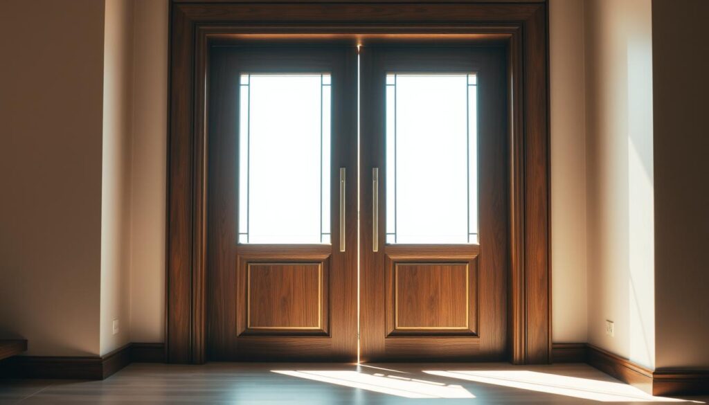 A luxurious wooden door with a striking glass insert, bathed in warm, natural lighting. The frame is crafted from rich, dark-grained wood, exuding a sense of refined elegance. The glass panel is precisely cut, its edges seamlessly integrated into the design, allowing natural light to flood the interior. The surface has a smooth, polished finish, creating a tactile and visually appealing texture. The door is set against a backdrop of a minimalist, contemporary interior, with clean lines and neutral tones that accentuate the door's beautiful design. The scene conveys a sense of tranquility and sophistication, reflecting the individuality and style of the homeowner.