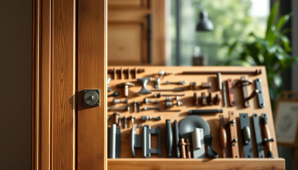 A meticulously crafted wooden door frame, or "zarge", stands prominently in the foreground, its intricate joinery and precise edges illuminated by soft, natural lighting. Decorative metal "beschläge", or hardware, adorn the frame, their matte finishes and clean lines complementing the warm wood tones. In the middle ground, an array of carefully selected hinges, handles, and other fittings are arranged, showcasing the breadth of customization options available. The background is subtly blurred, drawing the viewer's attention to the craftsmanship and attention to detail that define this bespoke, made-in-Germany solution.