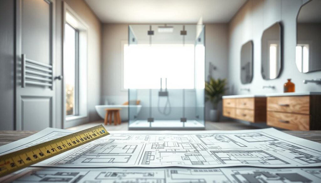 A meticulously detailed interior design scene showcasing the planning and measurements for a modern walk-in shower. In the foreground, a tape measure and architectural plans are prominently displayed, conveying precision and technicality. In the middle ground, the shower enclosure is rendered with crystal-clear glass panels, sleek fixtures, and a minimalist aesthetic. The background features a serene bathroom setting with neutral tones, natural lighting filtering in, and a sense of calm and order. The overall atmosphere is one of measured sophistication, highlighting the importance of careful planning and attention to detail in creating an exceptional walk-in shower experience.