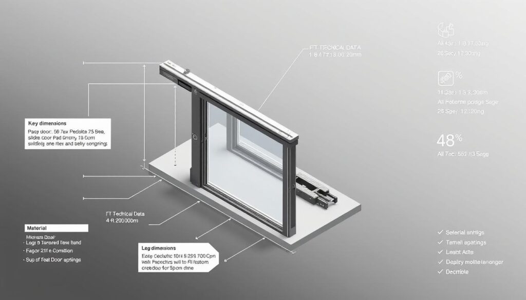 A meticulously detailed technical diagram showcasing the key dimensions and specifications of a sliding door system. The image features a clean, minimalist layout with precise measurements, materials, and engineering schematics presented in a crisp, technical illustration style. The perspective is isometric, allowing for clear visibility of the door's internal components and mechanisms. Muted tones of gray, black, and silver create a professional, industrial aesthetic, while subtle shadows and highlights add depth and dimensionality to the design. The overall tone conveys a sense of functionality, quality, and attention to detail - perfectly suited to illustrate the "Technical Data, Sizes, Prices and Assembly" section of the article.