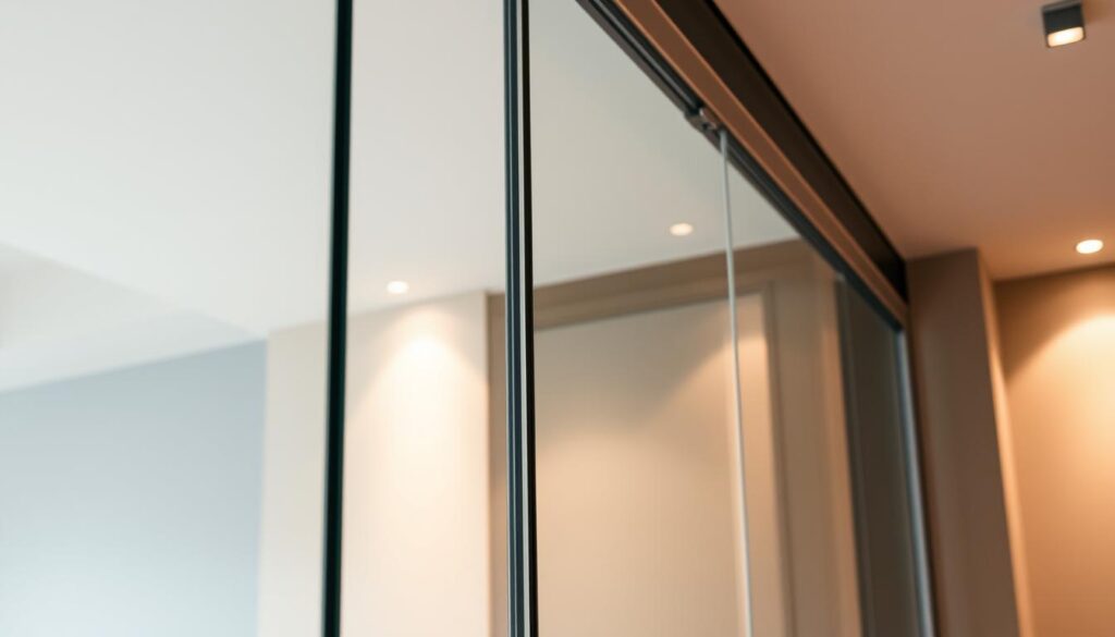 A meticulously engineered glass sliding door, its transparent panels seamlessly integrated into a contemporary wall. Sleek aluminum frames, precisely mounted, guide the effortless gliding motion. Indirect lighting casts a soft, warm glow, accentuating the glass's crystalline clarity. The scene exudes a minimalist elegance, with the door's seamless integration into the architecture creating a harmonious, streamlined aesthetic. The camera captures the installation from a low, eye-level angle, emphasizing the door's refined design and flawless execution.