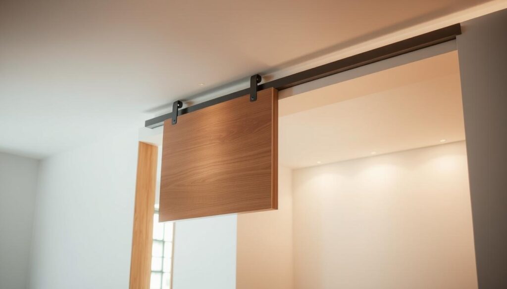 A meticulously measured sliding door, its sleek profile suspended from a discreet ceiling track. The frame, crafted with precision, seamlessly integrates into the architecture, creating a harmonious flow between spaces. Soft lighting casts a warm glow, accentuating the clean lines and subtle textures of the wood or metal materials. The door appears to float effortlessly, its movement smooth and effortless, beckoning to be explored. In the background, a minimalist, yet inviting room sets the stage, hinting at the versatility and customization possible for this innovative ceiling-mounted solution.