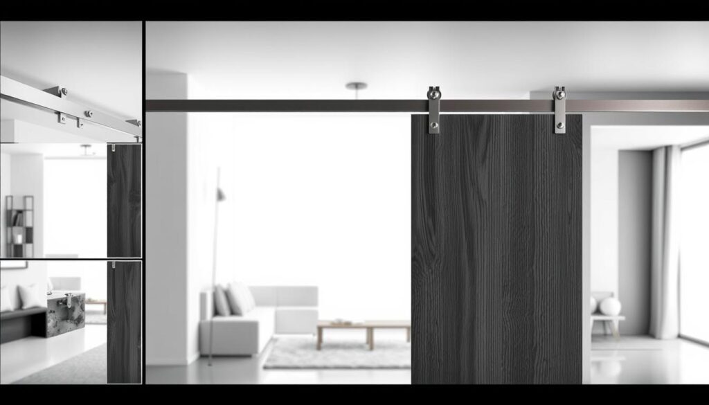 A minimalist, high-contrast montage showcasing different installation scenarios for a ceiling-mounted sliding door. The foreground features a sleek, modern sliding door mechanism in stainless steel or brushed aluminum, with various mounting configurations highlighted. The middle ground depicts abstract architectural elements, clean lines, and subtle textures that complement the door hardware. The background is a soft, blurred gradient evoking a bright, airy living space. Dramatic lighting casts dramatic shadows, emphasizing the angular, geometric nature of the sliding door system. The overall aesthetic is one of elegant simplicity, highlighting the versatility and seamless integration of the ceiling-mounted sliding door solution.