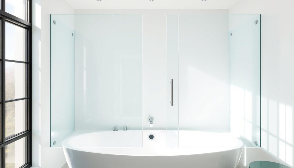 A minimalist, high-quality glass shower enclosure in a modern bathroom setting. The glass panels are seamlessly integrated with the bathtub, creating a sleek, frameless design. Bright, natural lighting from large windows illuminates the space, casting reflections on the glossy glass surface. The enclosure features clean, straight lines and a simple, elegant silhouette that complements the contemporary bathroom decor. The overall atmosphere is one of openness, cleanliness, and sophisticated style.