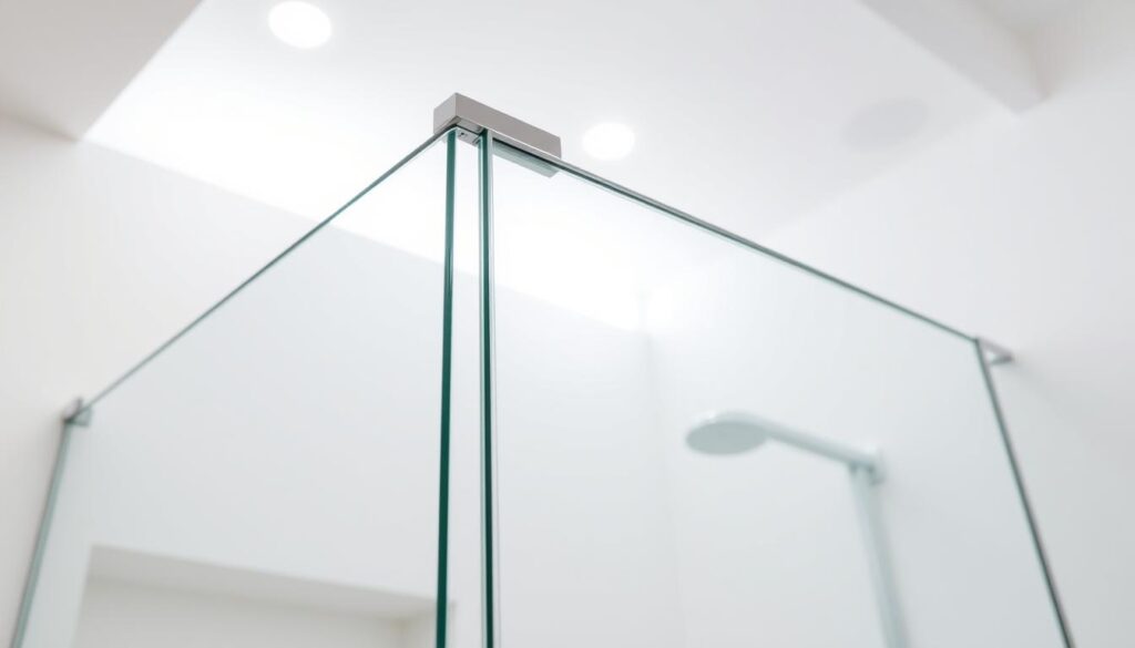 A minimalist, modern bathroom interior with a sleek, frameless glass shower enclosure. The shower features a sturdy, translucent glass sidewall panel, precisely engineered to seamlessly integrate with the shower structure. The panel is suspended from a chrome-finished header, creating a sense of weightlessness and allowing natural light to flow through. The sidewall's clean lines and smooth surface complement the overall bathroom design, exuding a contemporary, high-end aesthetic. Soft, diffused lighting from recessed ceiling fixtures gently illuminates the space, accentuating the transparent, yet sturdy nature of the sidewall. The angle of the camera captures the sidewall's elegant profile, highlighting its functional and visual harmony within the bathroom's minimalist, spa-like ambiance.