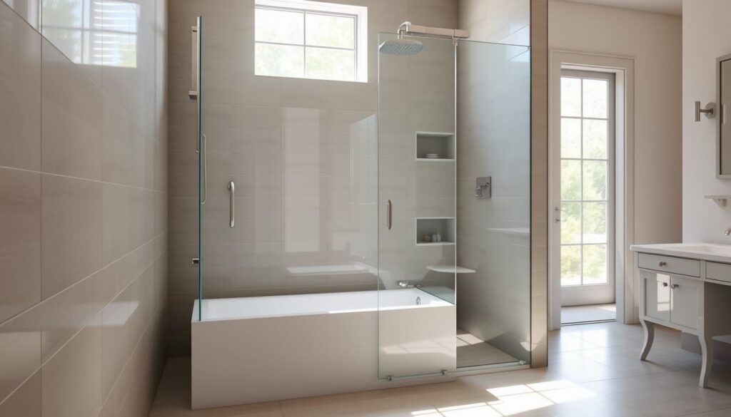 A minimalist, modern glass shower enclosure with a shortened side panel, seamlessly integrated into a spacious, tiled bathroom setting. The glass panels reflect the natural light flooding in through the windows, creating a bright, airy atmosphere. The shower area is positioned adjacent to a classic, freestanding bathtub, allowing for a flexible, multifunctional layout. Sleek, brushed metal fixtures and fittings complement the clean, contemporary design aesthetic. The scene is captured from a slightly elevated angle, emphasizing the spatial relationship between the shower and the bathtub. The overall mood is one of simplicity, elegance, and functionality.