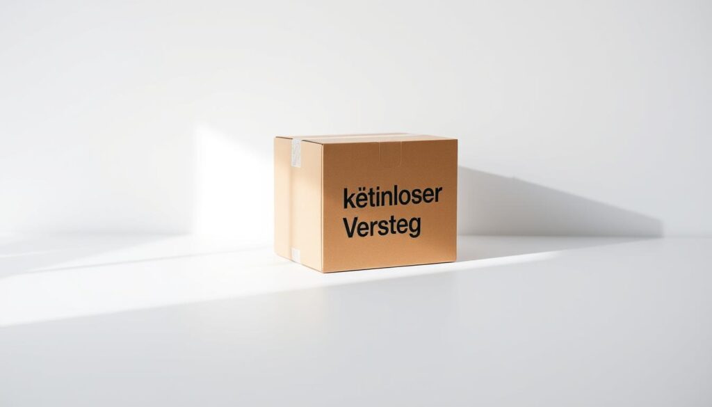 A minimalist, modern still life showcasing the concept of "kostenloser Versand" (free shipping) in a sleek, high-quality manner. Set against a clean, white background, a simple cardboard box with the German text "kostenloser Versand" printed on the side takes center stage. The box is lit from above, casting soft shadows that accentuate its simple, elegant form. The lighting is bright yet diffused, creating a sense of clarity and focus on the package. The composition is balanced, with the box positioned in the center, allowing it to be the sole focal point. The overall mood is one of efficiency, reliability, and attention to detail - qualities that would be well-suited to accompany the article's section on "Bestellung, Lieferzeit und kostenloser Versand in Deutschland".
