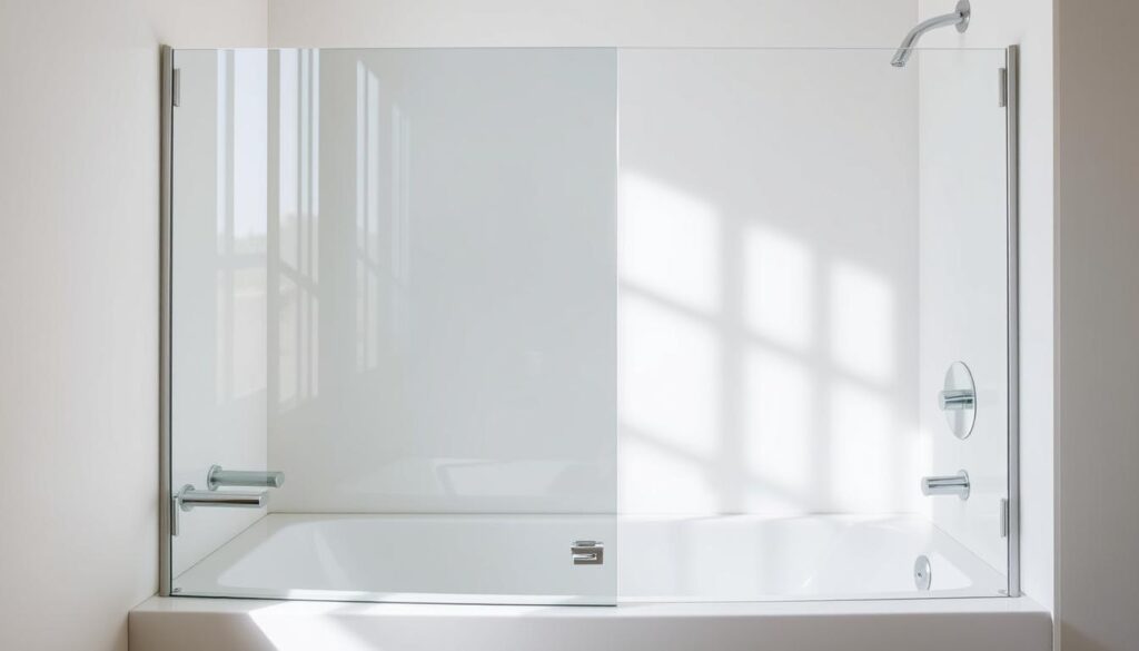 A minimalist, well-lit shower wall for a bathtub, seamlessly installed without drilling. Sleek frameless glass panels reflect the bright, airy bathroom ambiance. Discreet chrome hardware accents the clean, contemporary design. Subtle textures and soft shadows add depth, while an unobtrusive profile maintains an open, spacious feel. The shower wall appears effortlessly integrated, complementing the tub's elegant curves. Careful attention to detail and high-quality materials suggest a durable, easy-to-maintain solution that will withstand daily use and endure over time.