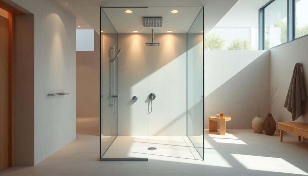 A modern, airy bathroom with a spacious walk-in shower. The glass enclosure allows natural light to flood the room, creating a bright and open atmosphere. The shower features a sleek, minimalist design with a rainfall showerhead and hidden drainage system, seamlessly integrated into the clean, tiled floor. Warm, diffuse lighting from recessed ceiling fixtures accentuates the luxurious, spa-like ambiance. Subtle, neutral color tones throughout, with accents of natural wood or stone, contribute to the calming, serene feel. The overall design promotes a sense of tranquility and relaxation, elevating the everyday shower experience.