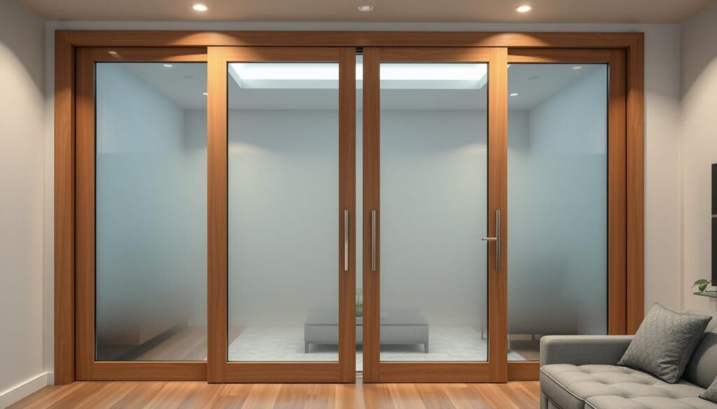 A modern and elegant sliding door for a living room, showcasing sleek design and high-quality materials. The door frame is crafted from a warm, natural wood, with a smooth, minimalist aesthetic. The glass panel is frameless, allowing maximum transparency and a seamless integration with the surrounding space. Soft, diffused lighting from overhead fixtures illuminates the scene, creating a cozy and inviting atmosphere. The door's hardware, such as the handles and tracks, are made from brushed metal, adding a touch of sophistication. The door is positioned in a spacious, well-appointed living room, with neutral-toned walls and contemporary furnishings that complement the sliding door's refined style.