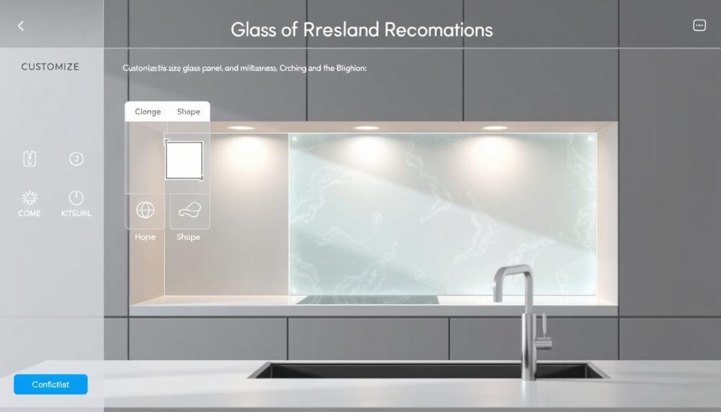 A modern and minimalist glass kitchen backsplash configurator interface, showcasing a clean and sleek design. The foreground features a minimalist GUI with intuitive controls to customize the glass panel size, shape, and thickness. The middle ground displays a photorealistic preview of the customized glass panel in a kitchen setting, with soft, directional lighting highlighting the elegant texture and clarity of the glass. The background fades into a neutral, muted color palette, allowing the glass configuration to take center stage. The overall tone is sophisticated, elevated, and perfectly suited to complement high-end kitchen designs.