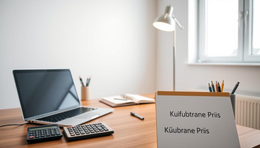 A modern and minimalist home office setting, with a sleek wooden desk showcasing a laptop, notebook, and a chic desk lamp. The background features a clean white wall, complemented by a large window that lets in natural light, creating a bright and airy atmosphere. The foreground includes various office supplies, such as a calculator, pen holder, and a folder labeled "Kaufberatung Preis", all neatly arranged on the desk. The overall composition conveys a sense of professionalism, efficiency, and a focus on the important details of the "Kaufberatung" process.