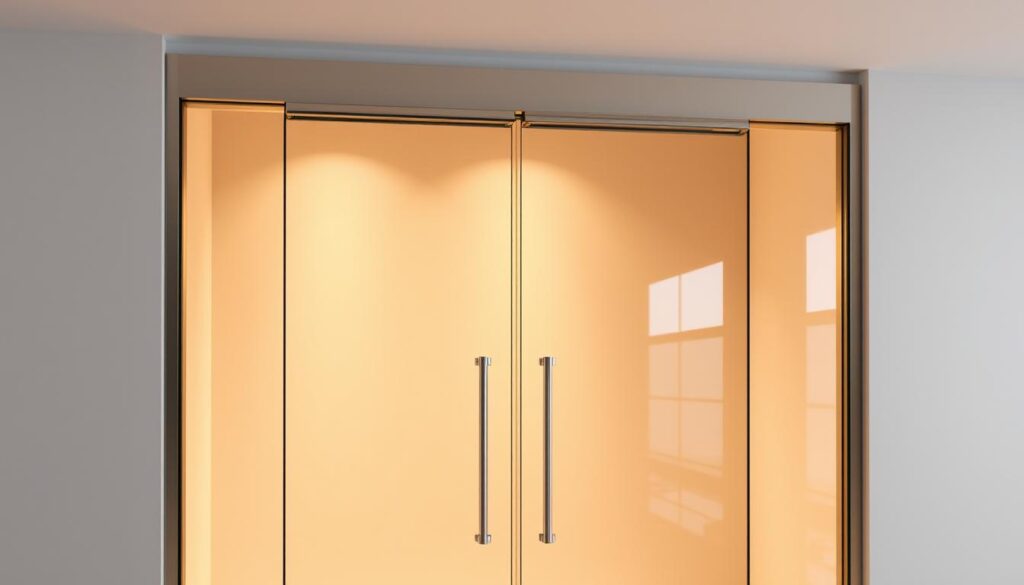 A modern and secure glass door, designed to DIN EN 12150-1 safety standards. The tempered safety glass (ESG) panels are seamlessly integrated into a sleek, minimalist metal frame, bathed in warm, diffused lighting. The glass surface reflects the surrounding environment, creating a sense of openness and transparency. Precise manufacturing ensures exceptional quality, with a focus on durability and reliability. The overall aesthetic is clean, elegant, and perfectly suited for contemporary interior design, allowing natural light to flow through while maintaining high levels of security.