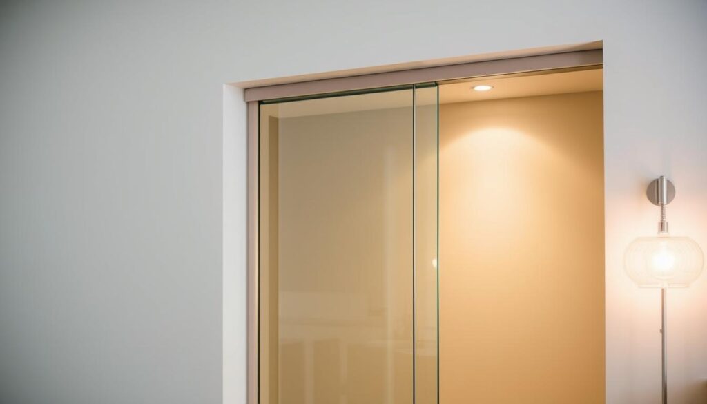 A modern and sleek built-in sliding door, crafted with precision and attention to detail. The glass panel is seamlessly integrated into the surrounding wall, creating a minimalist and elegant aesthetic. Warm, indirect lighting casts a soft glow, accentuating the clean lines and smooth surfaces. The sliding mechanism operates effortlessly, showcasing the high-quality engineering and attention to functionality. The overall scene exudes a sense of sophistication and thoughtful design, perfectly suited for a contemporary interior space.