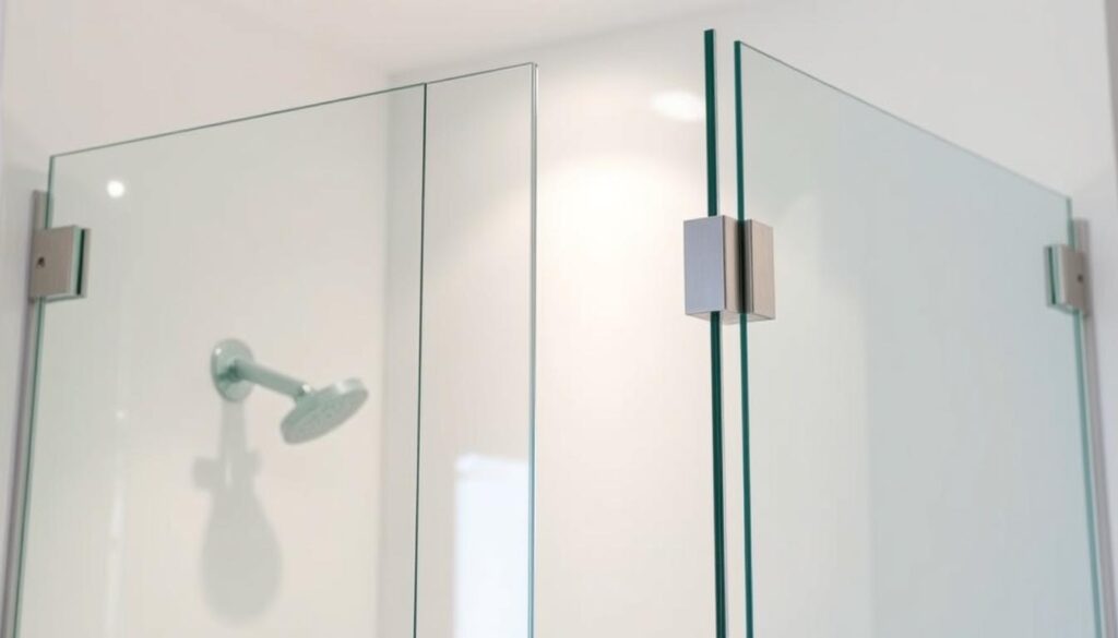 A modern, clean-lined shower enclosure made of high-quality, crystal-clear glass panels. The frameless design showcases the material's natural beauty, allowing light to flow freely through the space. Sleek, minimalist hardware in a brushed metal finish provides a sophisticated accent. The glass is precision-cut to seamlessly fit the dimensions of the shower area, creating a custom, tailored look. Soft, indirect lighting casts a warm, inviting glow, enhancing the sense of openness and airiness. The overall aesthetic is elegant, functional, and perfectly suited for a luxurious, spa-like bathroom environment.
