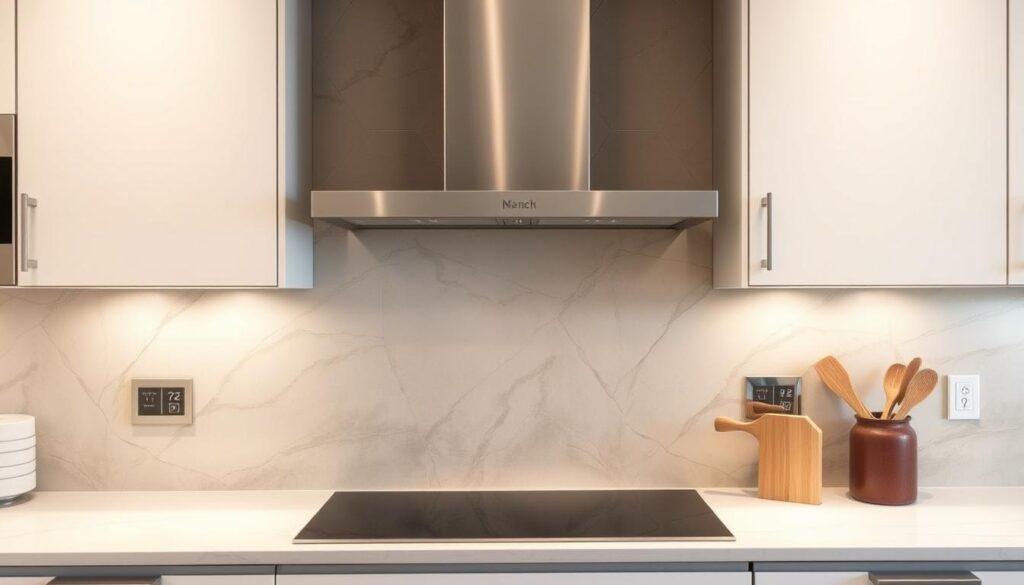 A modern, custom-designed kitchen backsplash with a personalized motif. The backsplash is made of high-quality, non-reflective, and easy-to-clean material, perfectly fitted to the kitchen's dimensions. The design features a captivating, abstract pattern in a muted color palette that complements the kitchen's overall aesthetic. The lighting is soft and diffused, creating a warm, inviting atmosphere. The backsplash is installed with seamless transitions, blending harmoniously with the surrounding countertops and cabinetry. The entire scene conveys a sense of sophistication, functionality, and personal expression within the kitchen space.