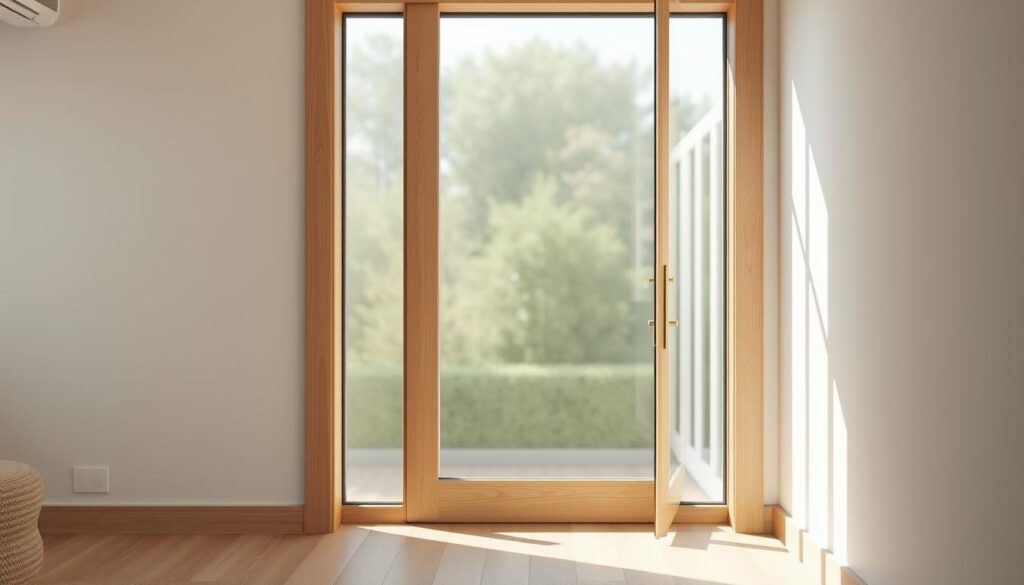A modern, elegant interior door with a large glass panel, letting in abundant natural light. The door is set in a light-colored wooden frame, creating a harmonious, airy atmosphere. The glass pane is clean and clear, offering an unobstructed view from one room to the next. Soft, diffused lighting from nearby windows casts a warm, gentle glow through the glass, illuminating the space. The door's design is simple yet refined, with minimal hardware that blends seamlessly into the overall aesthetic. This high-quality, tasteful glass inset door is the perfect solution to enhance the style and brightness of any living space.