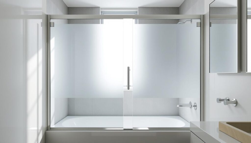 A modern, elegantly designed bathroom with a sleek, foldable glass shower enclosure. The shower wall seamlessly blends with the bathtub, creating a cohesive, minimalist aesthetic. Diffused natural light streams in, illuminating the clean, minimalist lines and frosted glass panels. The faucet and fixtures gleam with a polished chrome finish, complementing the overall sophisticated, high-end appearance. The composition emphasizes the versatility and seamless integration of the shower enclosure, showcasing its functionality and visual appeal within the broader bathroom space.