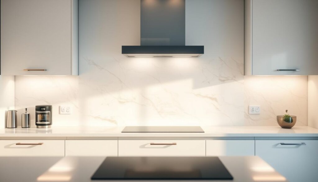 A modern, elegantly designed glass backsplash in a bright, spacious kitchen. Soft, natural light filters through the glass, creating a luminous ambiance. The backsplash features a captivating abstract pattern, with a harmonious blend of muted colors and subtle textures. The design seamlessly complements the clean, minimalist kitchen aesthetic, adding a touch of sophistication and visual interest. The glass surface reflects the surrounding cabinetry and appliances, creating a sense of depth and visual continuity. The backsplash appears to be frameless, seamlessly integrated into the wall, enhancing the overall sleek and contemporary look of the kitchen.