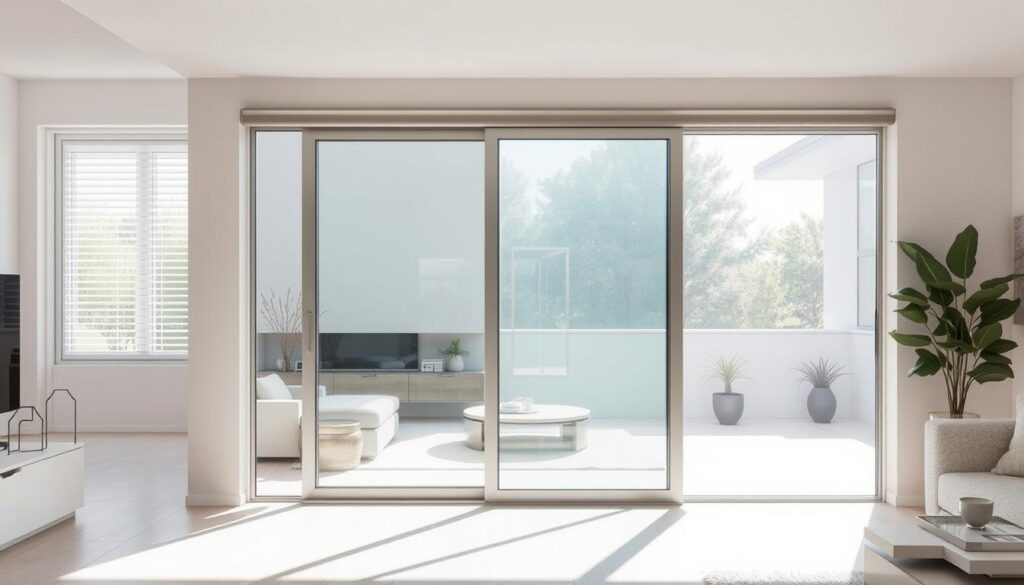 A modern, elegantly-designed glass sliding door takes center stage in a spacious, sun-drenched living room. The tempered glass panel, framed in sleek, brushed metal, glides effortlessly on its discreet, high-quality track system. Soft, diffused natural light filters through the translucent glass, creating a serene, airy ambiance. The sliding door seamlessly connects the indoor living space with an adjacent patio or balcony, blurring the boundaries between indoors and outdoors. Carefully-placed potted plants and minimal, contemporary decor elements complement the clean, minimalist aesthetic. The overall scene radiates a sense of modern elegance, functionality, and harmonious integration of architectural and interior design.