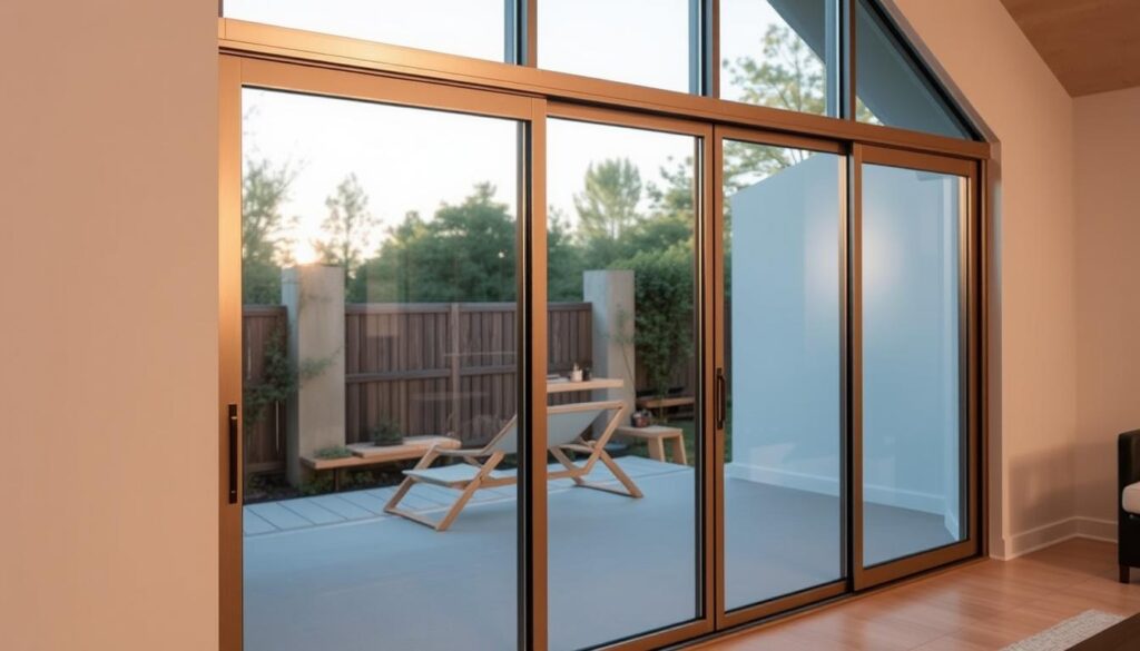 A modern, elegantly designed sliding glass door wall, with a sleek, minimalist frame in a warm, brushed metal finish. The door glides effortlessly along a concealed track, creating a seamless transition between indoor and outdoor spaces. Soft, diffused natural lighting filters through the tempered, anti-glare glass panels, casting a serene, inviting glow throughout the room. The high-quality hardware and precision engineering ensure smooth, silent operation, while the contemporary aesthetic complements a variety of interior design styles. This sliding door solution embodies the perfect balance of form and function, elevating the space with its sophisticated, space-saving design.