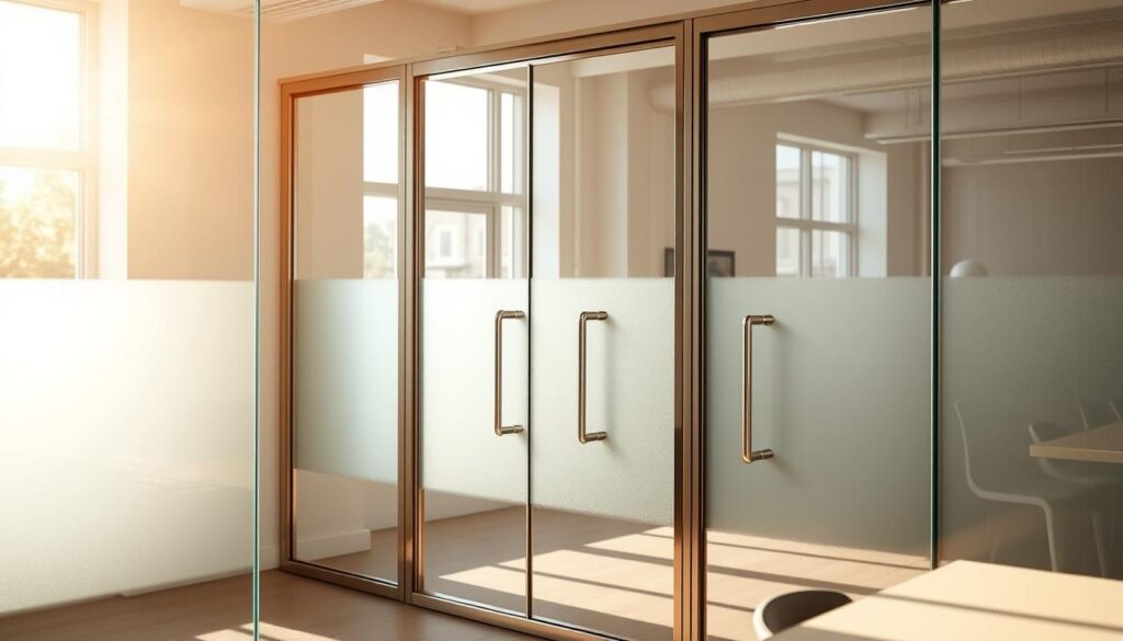 A modern glass door configuration in a warm, sun-drenched workspace. The glass panels reflect the natural sandstrahlung, a subtle, frosted effect created by carefully controlled sandblasting. Sleek, minimalist frames in a polished chrome finish accentuate the clean, minimalist design. Soft, diffused lighting filters through the translucent glass, casting a gentle glow and creating a sense of openness and airiness. The scene conveys a professional, yet inviting atmosphere, perfectly suited for the "Konfiguration, Angebot und Bestellung bei Glastuerhop24" section of the article.