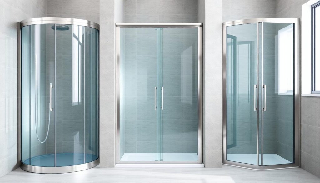 A modern glass shower enclosure with a variety of door styles: a revolving door, a sliding door, a swinging door, and a folding door. The doors are made of sleek, transparent glass panels, framed in sleek, brushed metal. The enclosure is set against a tiled bathroom wall, with natural lighting streaming in from a window. The overall atmosphere is one of minimalist elegance and functionality, showcasing the versatility of glass shower doors to complement any bathroom design.