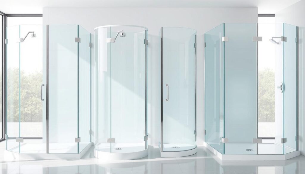 A modern glass shower enclosure with various corner configurations displayed in a clean, minimalist setting. Bright natural lighting illuminates the transparent panels and sleek metal hardware, showcasing the versatility and customizable nature of these shower units. The glass surfaces reflect the surrounding space, creating a sense of openness and seamless integration with the bathroom interior. The scene captures the different angles and layouts possible, from standard 90-degree corners to more unique pentagonal or angled designs, all presented in a visually appealing and informative manner.