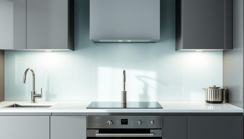 A modern, high-quality glass backsplash for a sleek kitchen interior. The glass panel reflects natural light, creating a luminous, airy atmosphere. The surface has a smooth, unblemished finish, seamlessly integrated into the kitchen design. Minimalist stainless steel fixtures and appliances complement the glass panel, creating a harmonious, contemporary aesthetic. The glass backsplash extends from the countertop to the upper cabinets, providing a clean, uninterrupted visual flow. Soft, even lighting illuminates the glass, accentuating its transparency and highlighting the kitchen's sophisticated, refined style.