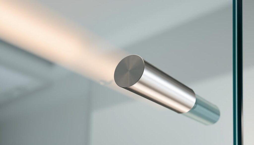 A modern, high-quality glass door handle - "griffstange" - in a sleek, minimalist design. Crafted from sturdy, polished stainless steel, it features a smooth, cylindrical shape that seamlessly integrates with the glass surface. The handle is mounted flush against the door, creating a clean, minimalist aesthetic that complements the transparent glass panel. Soft, diffused lighting illuminates the handle, highlighting its metallic sheen and elegant simplicity. The scene is captured in a low-angle perspective, emphasizing the handle's tactile, ergonomic form and its seamless integration with the glass door. The overall mood is one of modern sophistication and high-quality craftsmanship, befitting a premium glass door solution.