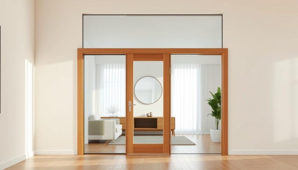 A modern, high-quality glass door with a sleek, minimalist design, framed in a warm, natural wood material. The door is positioned in a well-lit, spacious living room, bathed in soft, diffused lighting that accentuates the transparency and reflective qualities of the glass. The scene conveys a sense of sophistication, elegance, and attention to detail, perfectly suited for a premium, durable glass door solution for the home. The door is captured from a slightly elevated angle, showcasing its clean lines, subtle hardware, and seamless integration into the surrounding interior. The overall atmosphere is one of quiet, refined beauty, emphasizing the durability, safety, and long-lasting appeal of the glass door.