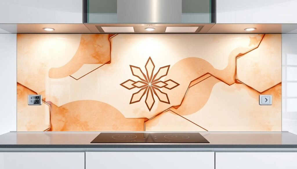 A modern, high-quality glass kitchen backsplash with an elegant, abstract motiv design. The motiv features a harmonious blend of soft, earthy tones and geometric shapes, creating a visually striking and refined pattern. The glass surface has a smooth, lustrous finish that reflects the surrounding kitchen lighting, adding depth and dimension to the design. The motiv is positioned centrally within the backsplash, drawing the eye and serving as a striking focal point. The overall aesthetic is one of sophistication, minimalism, and contemporary style, perfectly complementing the sleek, modern kitchen environment.