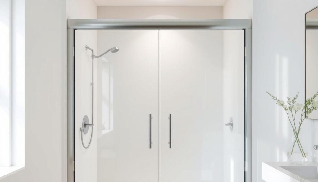 A modern, high-quality glass shower door from Glastuerhop24, showcased in a bright, well-lit bathroom setting. The door features clean, seamless glass panels with a subtle tint, reflecting the natural light and creating a sense of spaciousness. The frame is made of sleek, brushed stainless steel, complementing the minimalist aesthetic. The door is precisely fitted to the alcove, creating a custom, made-to-measure look. The overall scene conveys a luxurious, spa-like atmosphere, highlighting the craftsmanship and attention to detail that defines Glastuerhop24's bespoke shower door solutions.