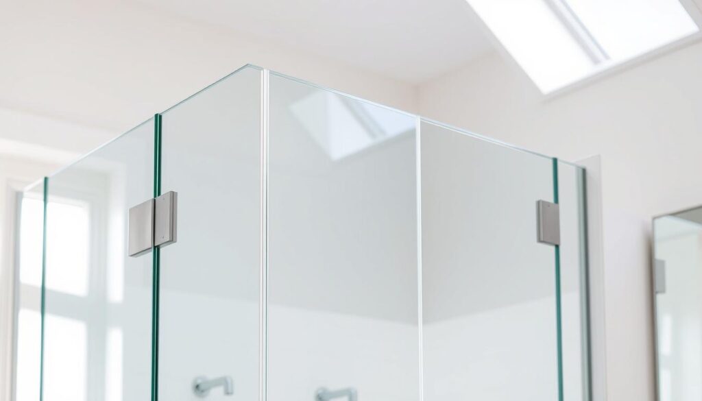 A modern, high-quality glass shower door in a bright, well-lit bathroom. The tempered safety glass panel stands tall, its clean edges and smooth surface reflecting the natural light streaming in. Detailed measurements are clearly visible, showcasing the precise dimensions and thickness of the glass. Sturdy metal hardware, in a sleek matte finish, seamlessly integrates with the glass, creating a cohesive and visually appealing design. The scene conveys a sense of refined elegance, highlighting the craftsmanship and attention to detail that goes into custom-tailored glass solutions for the home.