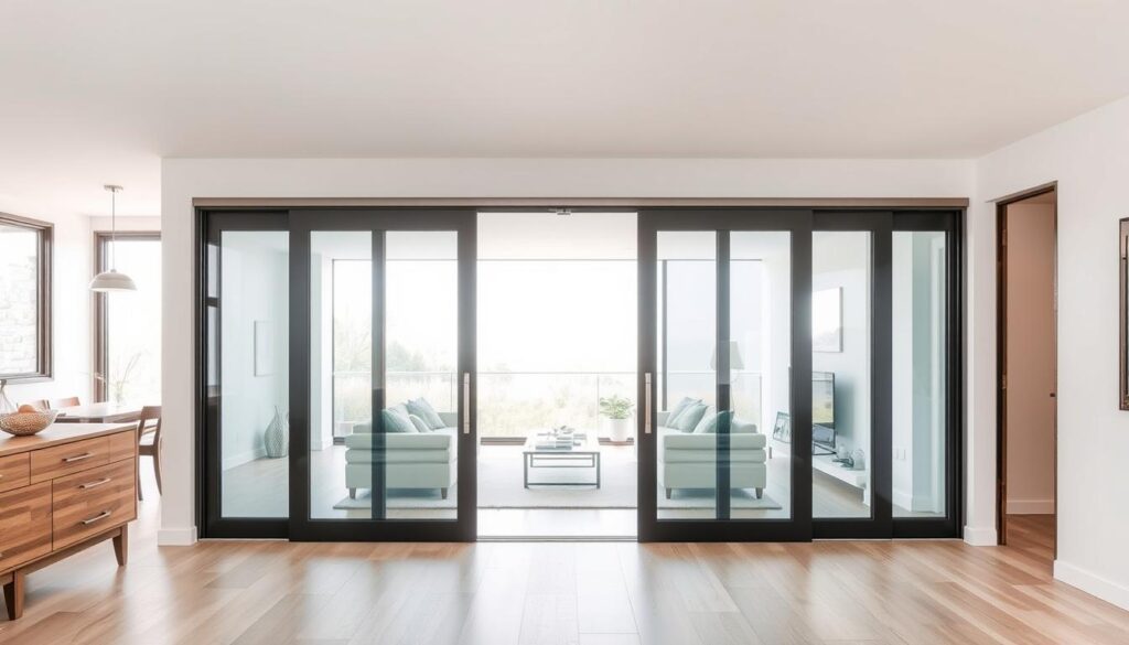 A modern, high-quality glass sliding door system in a bright, airy interior. The tempered glass panels glide smoothly on sleek, metal tracks, seamlessly integrating form and function. Intricate hardware and fittings in a muted, brushed finish accentuate the minimalist aesthetic. Diffused natural light filters through the expansive glass, creating a warm, inviting atmosphere. The sliding doors open to reveal a well-appointed living space, showcasing the versatility and design excellence of this premium glass door solution.