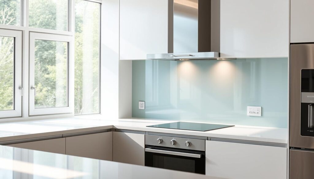 A modern, high-quality glass splashback (Spritzschutz) in a well-lit, contemporary kitchen. The splashback spans the full width of the countertop, seamlessly integrating with the sleek, minimalist cabinetry and stainless steel appliances. Soft, natural light filters in through large windows, casting a warm glow on the tempered glass surface. The splashback's crystal-clear transparency allows the kitchen's tiled backsplash to be visible, creating visual depth. Angles are carefully composed to showcase the splashback's clean lines and premium construction, highlighting its superior quality and durability compared to standard options. An atmosphere of modern sophistication and functionality pervades the scene.