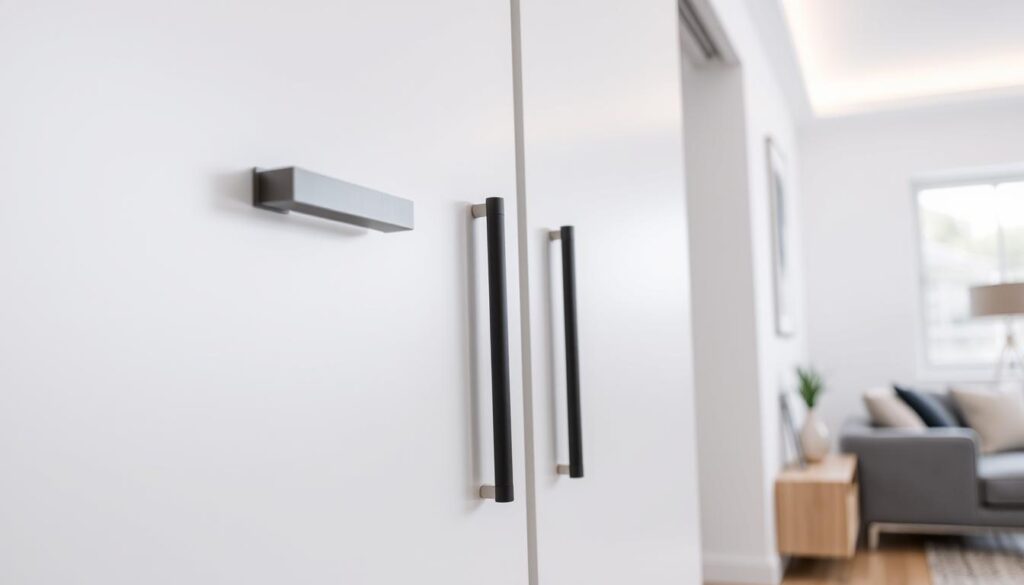 A modern, high-quality sliding door configuration featuring a sleek, minimalist surface with customizable grip options. The door is showcased in a well-lit, contemporary interior setting, capturing the attention with its clean lines and attention to detail. The grip handles are presented in various finishes, such as brushed metal or matte black, seamlessly blending with the overall aesthetic. The camera angle highlights the smooth, effortless operation of the sliding mechanism, inviting the viewer to imagine the functionality and versatility of this bespoke solution for their living space.