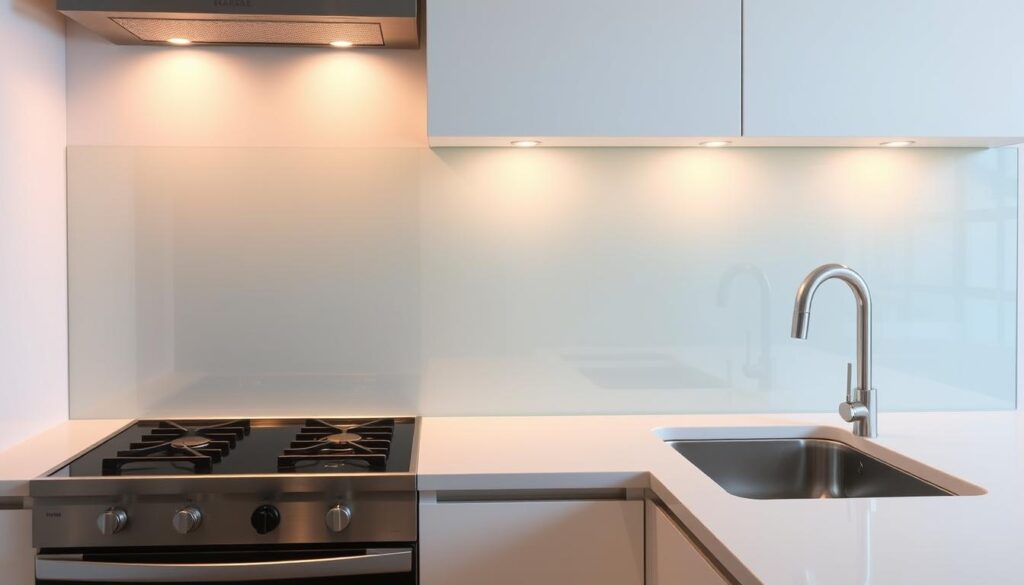 A modern kitchen backsplash made of tempered glass, stretching from the stove to the sink. The surface is smooth and glossy, reflecting the warm overhead lighting. The glass panels form a seamless, transparent barrier, protecting the walls from splashes and splatters. The design features clean lines and a minimalist aesthetic, blending effortlessly with the stainless steel appliances and sleek cabinetry. The backsplash extends to the countertop, creating a cohesive, streamlined look that elevates the entire kitchen space. The glass material offers a durable, easy-to-clean solution, making it the perfect choice for the active cooking and cleaning areas around the hob and sink.