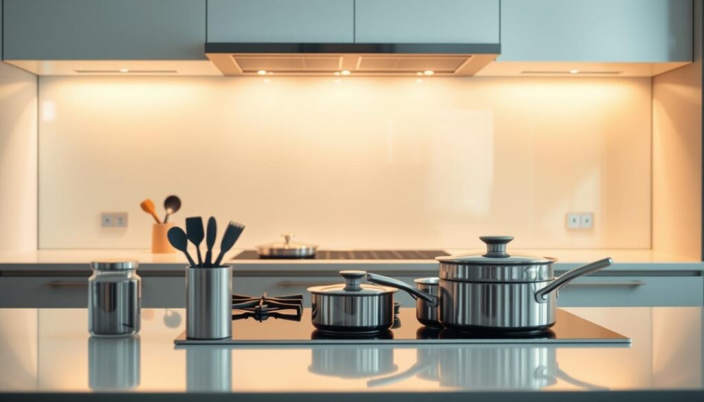 A modern kitchen interior featuring a large, sleek glass backsplash that spans the entire wall behind the stove. The glass reflects the warm, ambient lighting, creating a soft, inviting glow. The backsplash has a seamless, frameless design, blending effortlessly with the clean, minimalist aesthetic of the kitchen. The glass surface is smooth and glossy, adding a touch of sophistication. In the foreground, various cooking utensils and a set of stainless steel pots and pans are neatly arranged on the countertop, hinting at the functionality of the space. The middle ground showcases the kitchen's modern cabinetry and appliances, all in a neutral color palette that complements the glass backsplash. The background features a subtle, blurred view of the rest of the kitchen, creating a sense of depth and emphasizing the focal point of the glass backsplash.